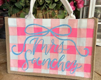 Personalized Hand-Painted Gingham Bridal Burlap Tote
