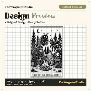 May include: A black and white digital graphic design featuring a campfire scene with a sasquatch, a mothman, a small demon, and a hooded figure in a forest. The text at the bottom reads PROTECT OUR NATIONAL PARKS, set against a grid background.