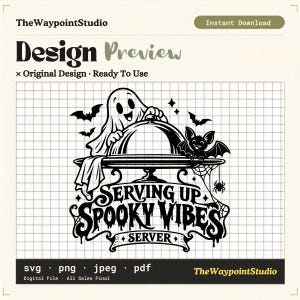 May include: A black and white digital graphic design featuring a cartoon ghost lifting a silver serving platter lid, accompanied by a small bat, spider, and web. The text reads "SERVING UP SPOOKY VIBES SERVER" in a stylised, dripping font.