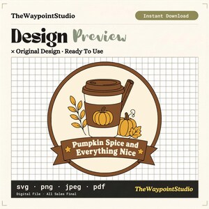 May include: A digital graphic design featuring a brown circular border containing a white coffee cup with a brown sleeve, a cinnamon stick, two orange pumpkins, and autumn leaves. A brown banner displays the text Pumpkin Spice and Everything Nice.