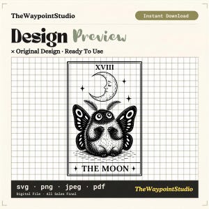 May include: A black and white digital graphic design featuring a fluffy moth with large wings centered inside a rectangular frame. Above the moth is a crescent moon with a face and the Roman numeral XVIII. The text THE MOON is at the bottom.