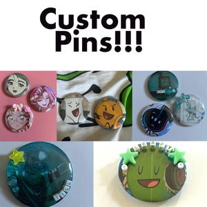 May include: A collection of circular custom pins featuring various anime-style illustrations and character graphics. Some pins are decorated with small plastic star charms, beads, and letter cubes spelling out names like TILL and LEAFY.