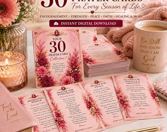 30 afdrukbare christelijke gebedskaarten, Bijbelteksten, dagelijkse geloofsoefeningen (digitale download)