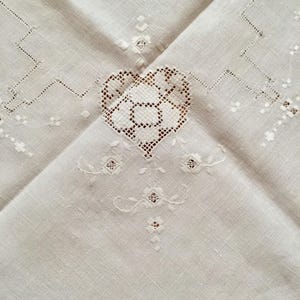 Vintage small linen tablecloth/ table overlay drawn work embroidered natural linen square 33x33"