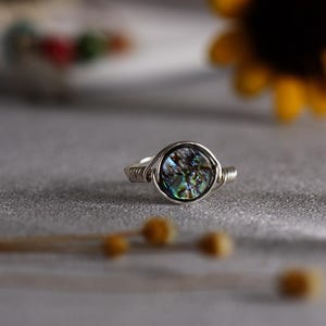 Iridescent Mother of Pearl Ring, Wire Wrapped Cupronickel, Black Shell Jewelry
