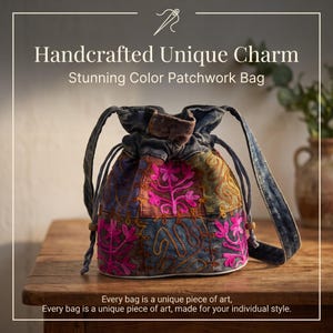 Bolso de tela con cordón, bordado y patchwork hecho a mano, bolso de hombro estilo boho colorido, regalo artesanal.
