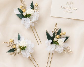 White Dried Flower Hair Pins, Gold Bridal Hair Pins, Preserved Floral Wedding Hair Accessories, Set of 1, 3 or 5