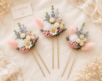 Pink White Floral Hair Pins, Dried Flower Bridal Hair Pins, Lavender Wedding Hair Accessories, Boho Bridesmaid Hairpiece