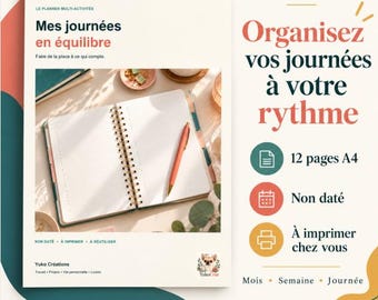 Printable planner in French, undated A4 PDF, 12 pages for daily, weekly and monthly organization