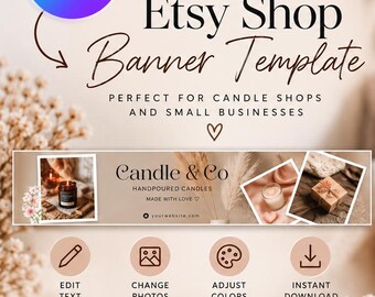 Etsy Candle Shop Banner Template, Editable Canva Banner, Boho Beige Candle Business Branding, Instant Digital Download