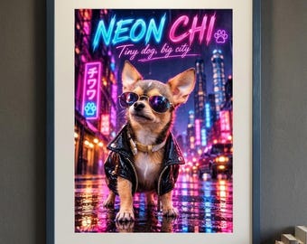 Neon Chihuahua Poster – Cyberpunk Wall Decor – Urban Dog Poster – Colorful Pink and Blue Art – Gift for Dog Lovers