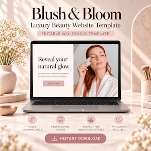 Peut inclure: Un ordinateur portable affichant un modèle de site web intitulé Blush & Bloom Luxury Beauty Website Template. L'écran présente le texte Reveal your natural glow et une photo d'une personne utilisant un outil gua sha. Icônes incluses.