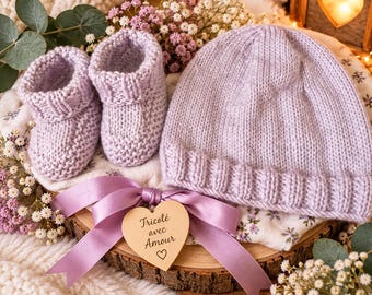 Hand-knitted newborn hat and booties set