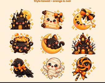 Kawaii Halloween Cliparts, 40 Cute Orange and Black Illustrations: Cat, Pumpkin, Ghost, Witch, Digital Download