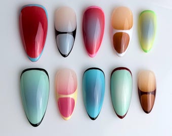 Retro-Color-Block-Kunstnägel zum Aufkleben, abstrakte Nägel, bunte French Tips, minimalistische Nägel, handgefertigtes, wiederverwendbares Nagelset, süße Nägel