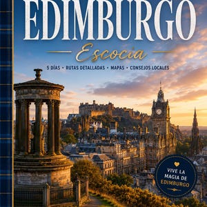 May include: A travel guidebook titled La Guía Definitiva de Edimburgo Escocia featuring a sunset photograph of the Edinburgh skyline, including the Dugald Stewart Monument and Edinburgh Castle, with text overlays detailing a 5-day itinerary.