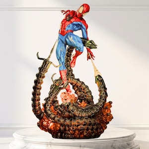 May include: A dynamic figurine of a red and blue costumed hero leaping above a complex mechanical base featuring multiple metallic tentacles and glowing orange translucent elements that simulate an explosion or energy effect at the base.