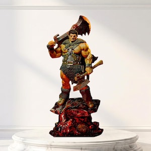 May include: A muscular barbarian figurine standing on a dark, blood-stained rocky base. The figure wears fur-trimmed armor, holds a large serrated axe over one shoulder, and carries a smaller hand axe in the other hand, featuring detailed textures.