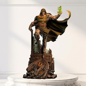 May include: A detailed Doctor Doom figurine featuring a metallic mask, green hooded cloak, and brown belt. The character stands on a dark, ornate architectural base with gothic arches, holding a glowing green energy effect in one raised hand.