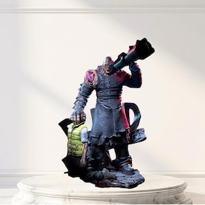 May include: A detailed figurine of a large, muscular humanoid creature with exposed muscle tissue, wearing a dark, weathered trench coat and straps, holding a black rocket launcher over its shoulder while grasping a smaller figure in a yellow vest.