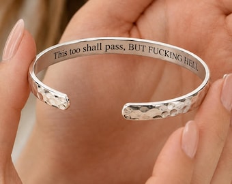 This Too Shall Pass Cuff & Lucky Clover Bracelet Set,Stainless Steel Inspirational Gift for Her,Hammered Cuff Bracelet, Gift for Work Bestie