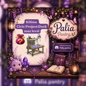 May include: A digital graphic featuring the text Kilima Civic Project: Dock max level, a purple mystery bag, and a wooden workbench. The scene includes a Palia Pantry sign, a purple backpack, an open book, a glowing lantern, and a small purple creature.