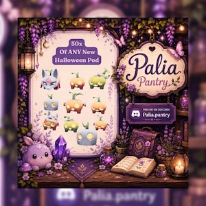 Puede incluir: Un anuncio digital de Palia Pantry que ofrece 50x de cualquier nuevo pod de Halloween, con iconos de varias criaturas tipo calabaza, una mochila morada, un libro abierto, una linterna y un letrero con el texto Palia Pantry y Palia.pantry.