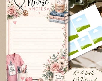 Puede incluir: Un bloc de notas de 6 por 4 pulgadas con el texto Nurse Notes, un estetoscopio, una taza de café con la etiqueta Compassion is my SUPERPOWER, libros apilados, una casaca rosa, un portalápices, flores y una etiqueta thank you for all that YOU DO.