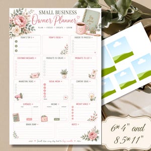 May include: A white paper planner page titled Small Business Owner Planner with sections for tasks, orders, marketing, social media, expenses, and income. It features pink floral illustrations, a coffee mug, and text reading 6*4" and 8.5*11".