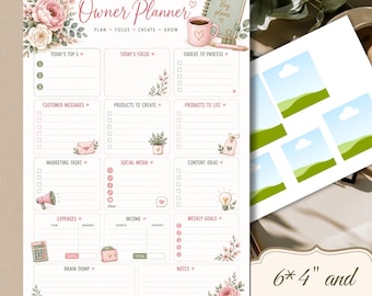 Puede incluir: Una página de planificador blanca titulada Small Business Owner Planner con secciones para tareas, pedidos, marketing, redes sociales, gastos e ingresos. Incluye ilustraciones florales rosas, una taza de café y el texto 6*4" y 8.5*11".