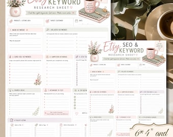 Puede incluir: Una hoja de investigación de palabras clave y SEO para Etsy con una ilustración de un florero, una taza de café y un cuaderno. El documento incluye secciones para palabras clave principales, relacionadas e ideas de búsqueda. Una etiqueta indica 6*4 y 8.5*11 pulgadas.