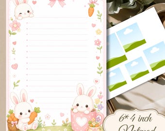 Puede incluir: Un bloc de notas de 15,24 por 10,16 cm con papel blanco rayado y borde rosa, decorado con ilustraciones de conejos blancos, zanahorias, flores, corazones y un lazo rosa. Una hoja separada muestra un patrón de cielo azul y colinas verdes.