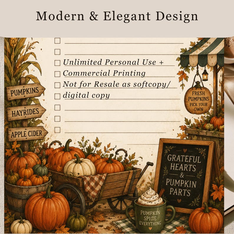 May include: A printable checklist featuring a fall theme with pumpkins, a wooden cart, and signs reading Pumpkins, Hayrides, Apple Cider, and Grateful Hearts & Pumpkin Parts. Text includes Unlimited Personal Use + Commercial Printing.