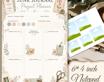 Puede incluir: Una hoja de planificador de proyectos de diario con secciones para tema, paleta de colores y notas, decorada con ilustraciones florales, botones y tijeras. Al lado, un bloc de notas de 15,2 por 10,2 cm con paisajes.