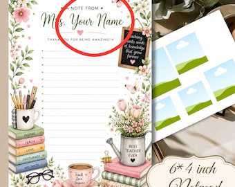 Puede incluir: Un bloc de notas rayado con bordes florales, una pila de libros etiquetados Inspire, Teach, Love, Encourage, Motivate, una taza, una regadera con el texto Best Teacher Ever y un encabezado A Note From Mrs. Your Name Thank You For Being Amazing.