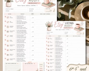 Puede incluir: Una hoja de trabajo de auditoría de listados de Etsy imprimible con una lista de verificación para la optimización de la tienda. El documento incluye secciones para título, etiquetas, descripción, fotos, atributos, precios y factores de conversión.