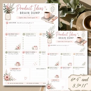 May include: A white paper planner sheet titled Product Ideas Brain Dump with floral illustrations, a coffee mug, and sections for quick capture, new product ideas, seasonal ideas, trends, bundles, improvements, and notes, with 6x4 and 8.5x11 inch labels.