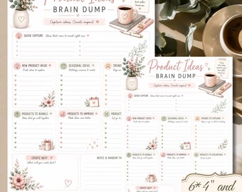 Puede incluir: Una hoja de papel para planificar titulada Product Ideas Brain Dump con ilustraciones florales, una taza de café y secciones para notas e ideas, incluyendo etiquetas para los tamaños de 6x4 y 8.5x11 pulgadas.