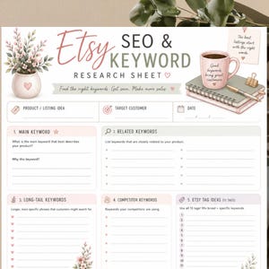 May include: A white paper Etsy SEO and keyword research sheet with pink and green accents. It features a floral vase illustration, a pink coffee mug on a notebook, and sections for product ideas, target customers, and keyword lists with numbered tags.