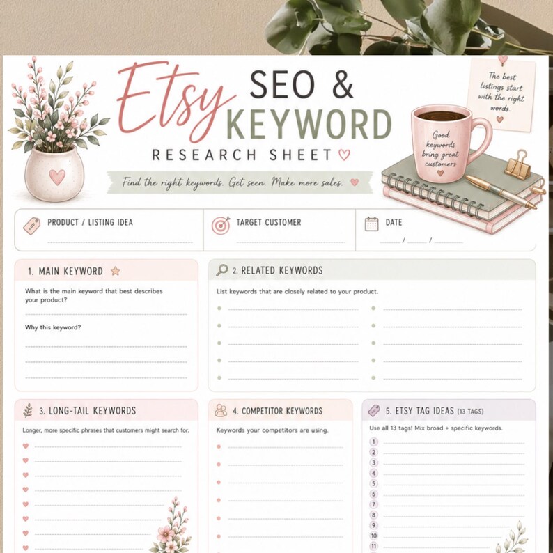 May include: A white paper Etsy SEO and keyword research sheet with pink and green accents. It features a floral vase illustration, a pink coffee mug on a notebook, and sections for product ideas, target customers, and keyword lists with numbered tags.