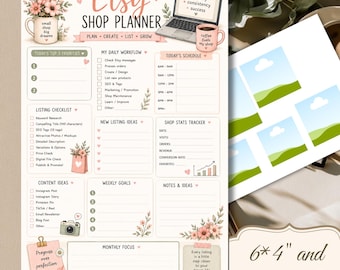 Puede incluir: Una página de planificador de tienda Etsy con secciones para flujo de trabajo diario, listas de verificación, ideas de contenido y estadísticas. El documento incluye ilustraciones florales, un gráfico de computadora portátil y el texto 6*4" y 8.5*11". El diseño está organizado con casillas de verificación.