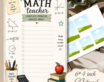 Puede incluir: Un bloc de notas de 6x4 pulgadas con el texto MATH teacher, Countless problems, endless impact, You can do hard things! y Make every number count!. Incluye fórmulas matemáticas, un portalápices con MATH TEACHER FUEL, una calculadora y libros.
