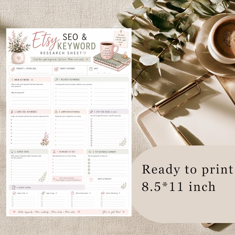 May include: An Etsy SEO and keyword research sheet with a floral illustration, a pink coffee mug, and a stack of notebooks. The document includes sections for main keywords, long-tail keywords, and tag ideas, with text stating it is ready to print 8.5x11 inches.