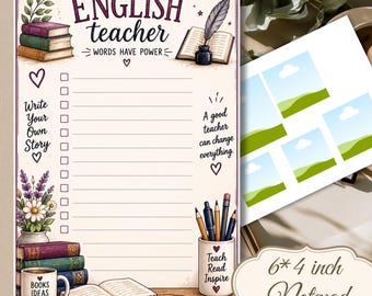 Puede incluir: Un bloc de notas de 6 por 4 pulgadas con el texto English teacher Words have power. La página incluye una lista de verificación con líneas, ilustraciones de libros apilados, una pluma, una taza con la etiqueta Books Ideas Inspiration, un portalápices y gafas.