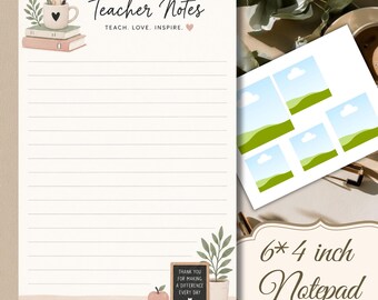 Puede incluir: Un bloc de notas de 15,24 por 10,16 cm con el texto Teacher Notes y Teach. Love. Inspire. La página tiene líneas horizontales, una pila de libros con una taza, una pequeña pizarra con el texto Thank You For Making A Difference Every Day y una manzana.