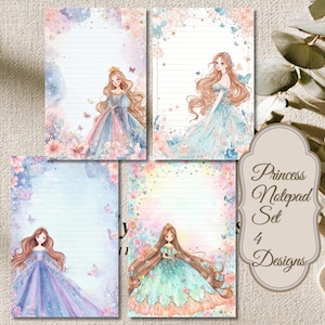 May include: A set of four lined stationery sheets featuring watercolor illustrations of princesses in various colored gowns, surrounded by butterflies and floral accents. A decorative label on the right side displays the text Princess Notepad Set 4 Designs.