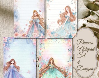 Puede incluir: Un juego de cuatro hojas de papel de carta rayado con ilustraciones en acuarela de princesas con vestidos de colores, rodeadas de mariposas y flores. Una etiqueta decorativa a la derecha muestra el texto Princess Notepad Set 4 Designs.