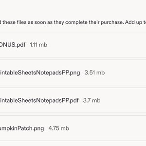 May include: A digital file upload interface displaying a list of four downloadable items: BONUS.pdf at 1.11 mb, PrintableSheetsNotepadsPP.png at 3.51 mb, PrintableSheetsNotepadsPP.pdf at 3.7 mb, and PumpkinPatch.png at 4.75 mb, each with download icons.
