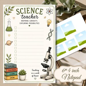 Op de afbeelding: Een notitieblok van 15,24 bij 10,16 cm met de tekst SCIENCE teacher, INSPIRING CURIOSITY, EXPLORING POSSIBILITIES en Teaching is a work of heart. Het ontwerp bevat illustraties van een bekerglas, planeet, boeken, vetplant, gloeilamp, DNA en microscoop.