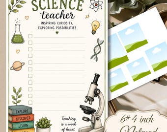Puede incluir: Un bloc de notas de 15,24 por 10,16 cm con el texto SCIENCE teacher, INSPIRING CURIOSITY, EXPLORING POSSIBILITIES y Teaching is a work of heart. El diseño incluye ilustraciones de un vaso de precipitados, planeta, libros, suculenta, bombilla, ADN y microscopio.